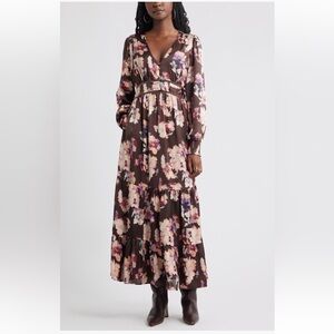 Treasure & Bond Smocked Cuff Long Sleeve Satin Maxi Dress